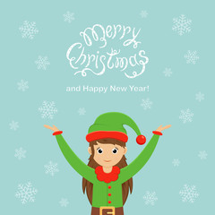 Wall Mural - Cute elf and text Merry Christmas and Happy New Year on a blue background