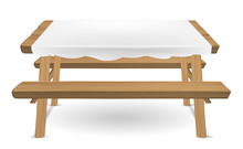 Wood Picnic Table With White Tablecloth Vector