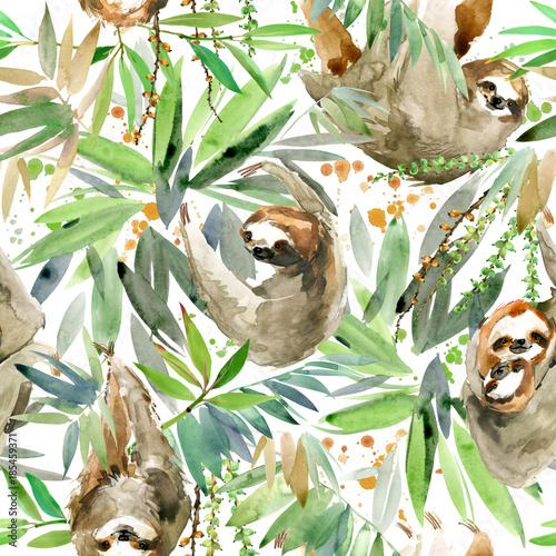 Obraz w ramie Watercolor sloth and tropical plant seamless pattern.. tropical animal