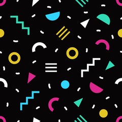 Poster - Trendy seamless pattern with small bright colored geometric shapes and lines on black background. Colorful simple backdrop. Vector illustration in cool 1980s style for textile print, wrapping paper.