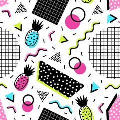 Poster - Seamless pattern with exotic pineapple fruits, geometric shapes and wavy lines of acid colors on white background. Vector illustration in contemporary style for fabric print, wallpaper, backdrop.