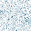 Floral seamless pattern with blooming ranunculus flowers, buds and leaves hand drawn with blue contour lines on white background. Beautiful botanical vector illustration for textile print, wallpaper.