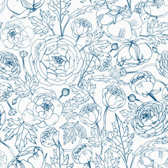 Poster - Floral seamless pattern with blooming ranunculus flowers, buds and leaves hand drawn with blue contour lines on white background. Beautiful botanical vector illustration for textile print, wallpaper.