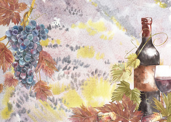 Bottles and leaves of grapes. Background with a lavender field. Watercolor illustration for postcards, scrabbuking. Hand drawn watercolor illustration. Banners of wine vintage background.