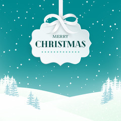 Night winter scene landscape background with snowy field and fir trees. Paper 3d label with silver bow and ribbon on the teal background with falling snow. Merry Christmas nature background. Vector.