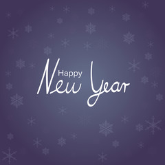 Wall Mural - Happy New Year. Winter landscape with snowflakes and snow in pastel purple colors. Text: Happy New Year.