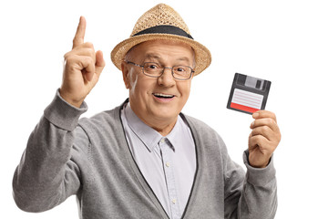 Sticker - Mature man with a floppy disk holding his index finger up