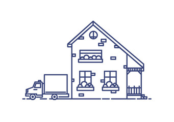 Fototapete - Two-storey suburban house with porch built with bricks and lorry parked beside it. Residential building drawn with blue lines on white background. Monochrome vector illustration in lineart style.