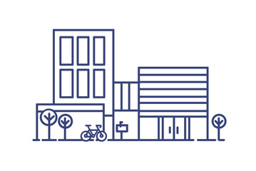 Fototapete - Living city building in contemporary architectural style surrounded by trees and bicycle parked beside it. Modern dwelling drawn with blue contour lines on white background. Vector illustration.