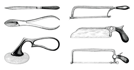 Vintage medical amputation set hand drawing engraving style