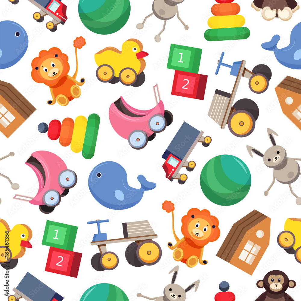 Seamless pattern with colorful children s toys - stroller, ball, truck ...