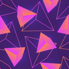 Poster - Seamless pattern with neon colored gemstones, mineral crystals or pyramids and their outlines on purple background. Stylish colorful vector illustration for wallpaper, fabric print, backdrop.
