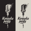 Vector set of two banners with microphone and inscription karaoke party on the abstract background with splashes and curls in grunge style