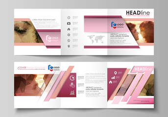 Poster - Set of business templates for tri fold square design brochures. Leaflet cover, abstract vector layout. Romantic couple kissing. Beautiful background. Geometrical pattern in triangular style.