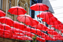 Decorative Red Parasol Hang In A Row Sunshade Ceiling