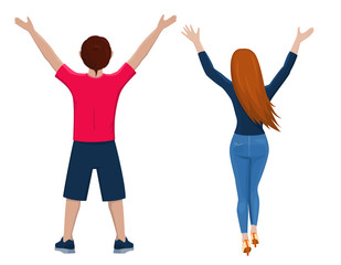 Boy and girl from the back. Rear view of young couple. Backside view of person. Isolated vector illustration of cartoon characters with raised hands on white background.