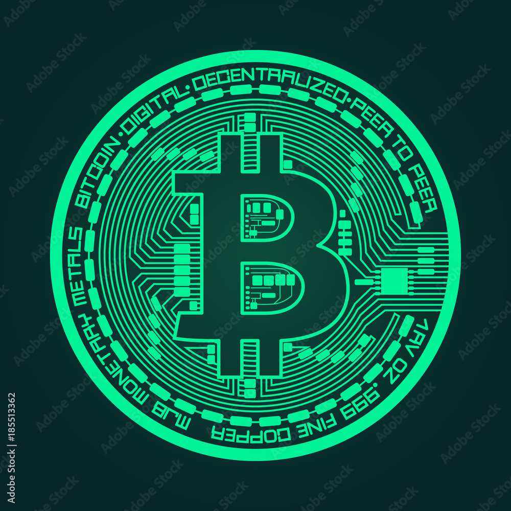 Image vectorielle Stock Crypto currency coin with bitcoin symbol on obverse  in trendy green colors isolated on green background. Vector illustration.  Use for logos, print products, page and web decor or other