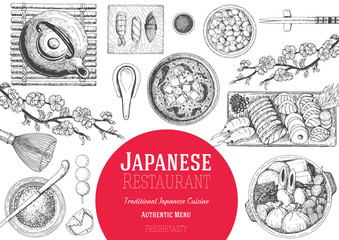 japanese food menu restaurant. asian food poster with sashimi, miso soup, oden, natto, matcha tea, a