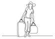 continuous line drawing of woman traveler carrying baggage