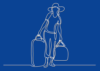 Wall Mural - continuous line drawing of woman traveler carrying baggage