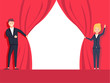 Businessman and businesswoman hands pull rope red cloth. Grand opening concept. Vector illustration flat design.