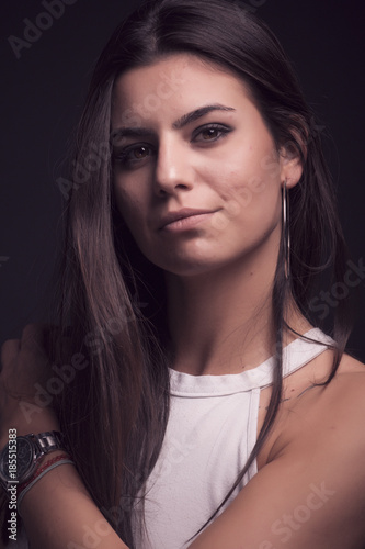 One Young Beautiful Caucasian Woman Portrait Black Background