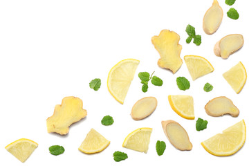 Poster - healthy background. sliced ginger and lemon isolated on white background top view