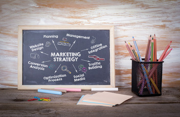 Wall Mural - marketing strategy concept. Chart with keywords and icons. Old wooden table with texture.