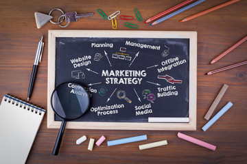 Wall Mural - marketing strategy concept. Chart with keywords and icons. On a wooden table chalk board