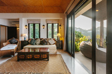 Tropical Luxury Villa Interior, Living Room With Sea View Veranda