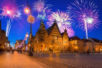 New Years firework display in Wroclaw, Poland