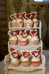 Sticker - Cakes with white cream and red hearts. Valentine's Day.