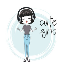 Wall Mural - Cute girl with headphones icon vector illustration graphic design