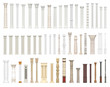A set of columns and pillars of different styles. Architectural warrant isolated on white background. 3D visualization.