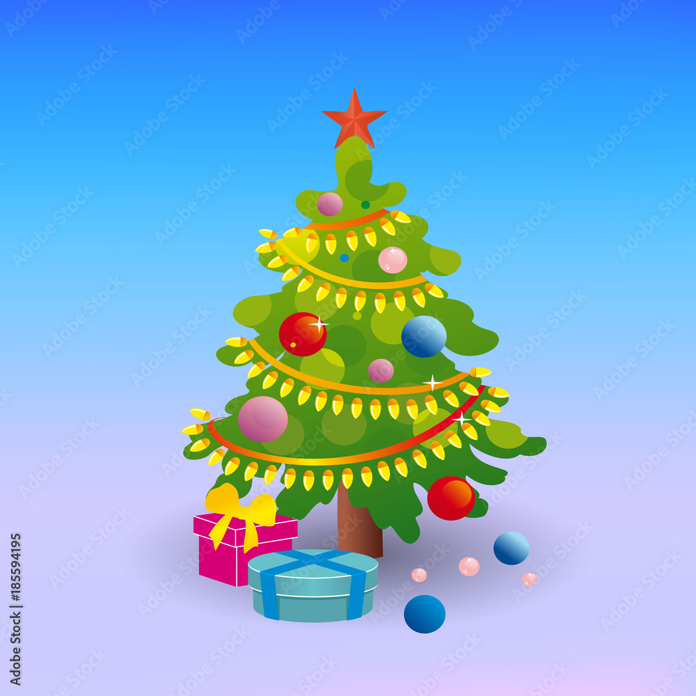 Lush Christmas tree with toys and a star cartoon on a winter background Plakat Poster na Europosteri