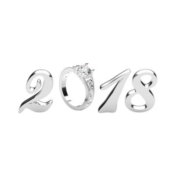 3D illustration isolated new year 2018 silver numbers with a diamonds ring