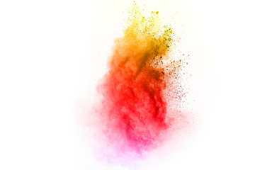 abstract multicolored powder splatted on white background,Freeze motion of color powder exploding.