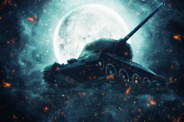 Wall Mural - Battle tank in the light of the full moon