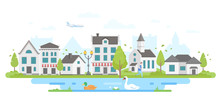 Cityscape With A Pond - Modern Flat Design Style Vector Illustration
