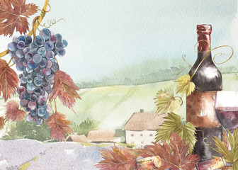 Bottles and leaves of grapes. Background with a lavender field. Watercolor illustration for postcards, scrabbuking. Hand drawn watercolor illustration. Banners of wine vintage background.