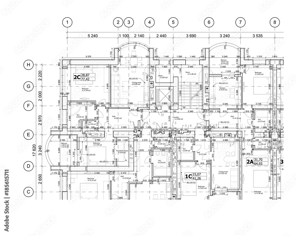 Part of a detailed architectural plan, floor plan, layout, blueprint ...