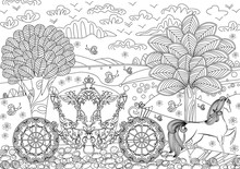 Beautiful Carriage In Fantasy Landscape For Your Coloring Book