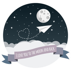Wall Mural - Papierflieger über Wolken fliegt zu Mond Flat Design Icon