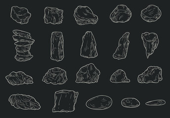 Wall Mural - Set of different stones in cartoon sketch style. Hand drawn vector illustration isolated on black background.
