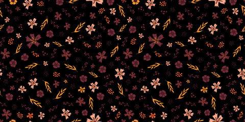 All over ditsy floral pattern. Seamless floral print in palette of dark burgundy/maroon, pink, golden orange and black.