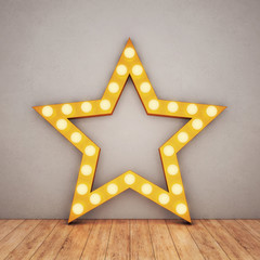 Wall Mural - Golden retro star on concrete background and wooden floor. 3D rendering