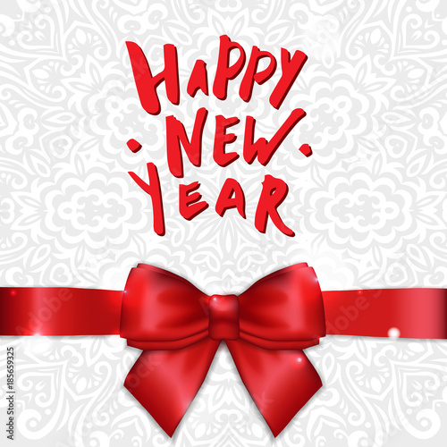 Holiday Greeting Card With Satin Ribbon And Bow Calligraphy Happy