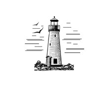 Lighthouse With Sky And Abstract Bird On The Beach Illustration Hand Drawing Logo Vector