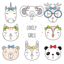 Set Of Hand Drawn Cute Funny Portraits Of Cat, Bear, Panda, Bunny, Reindeer, Unicorn, Owl, Elephant Girls With Ribbons. Isolated Objects On White Background. Vector Illustration. Design Concept Kids.