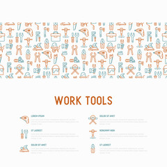  Work tools concept with thin line icons: puncher, drill, wrench, plane, toolbox, wheelbarrow, saw, pliers, sawing machine. Modern vector illustration of building equipment for web page or print media.